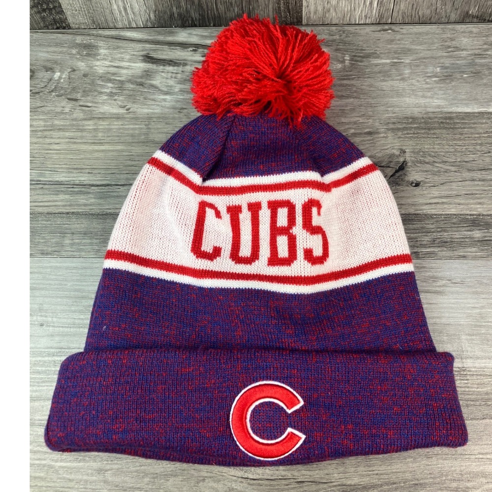 New Era Chicago Cubs MLB Pom Beanie Hat Blue Red Speckled Fleece Lined One Size